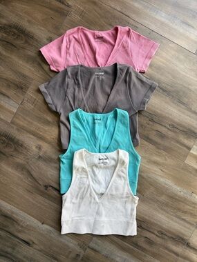 Garage Ribbed V-Neck & Tank Crop Top Set - Pink, Gray, Aqua, Cream Size Small